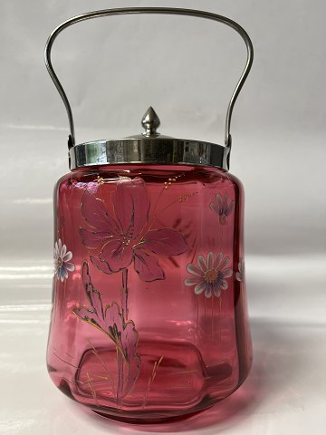 Kiksespand i Rød Glas med blomstermotiv.Højde 26,5 cm.