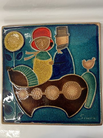 Relief, Ægtepar til hest, Bornholmsk keramik, Søholm.Mål 34 x 34 cm.
